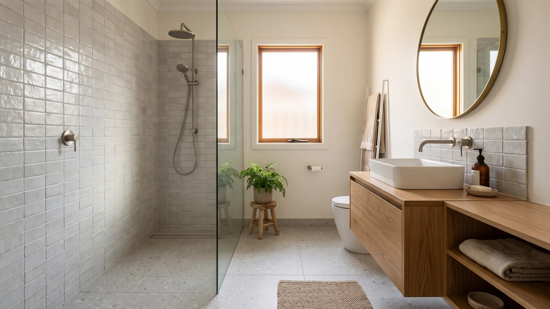 Finished Melbourne bathroom renovation with vanity, tiled shower and warm stone finishes