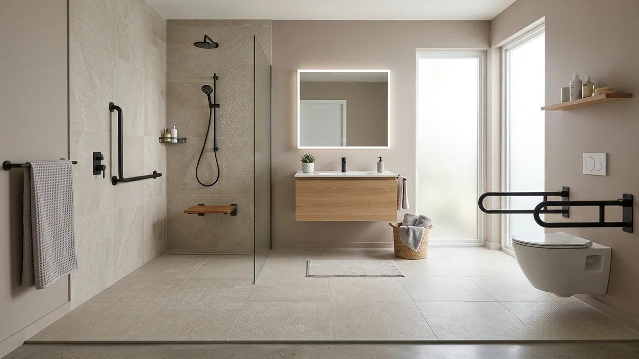 Accessible bathroom with step-free shower and grab rail