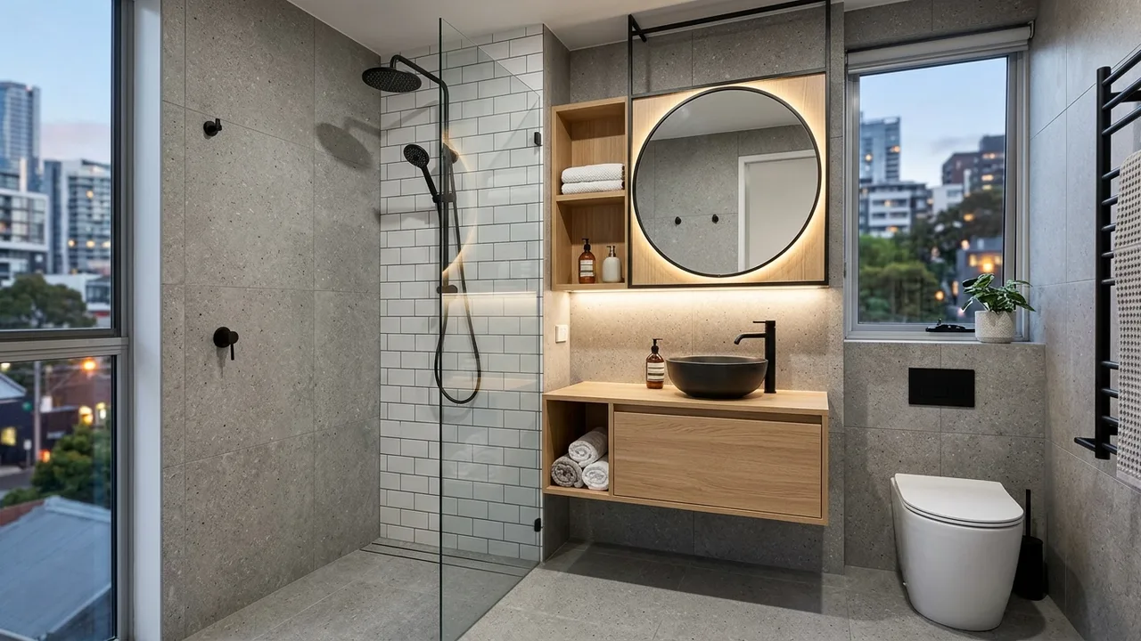 Apartment bathroom renovation with restrained finishes and compact layout