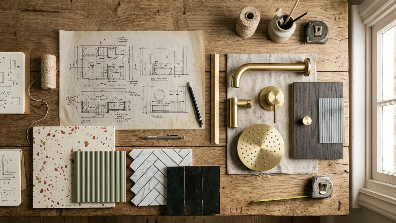 Bathroom design planning board with tile samples and fittings
