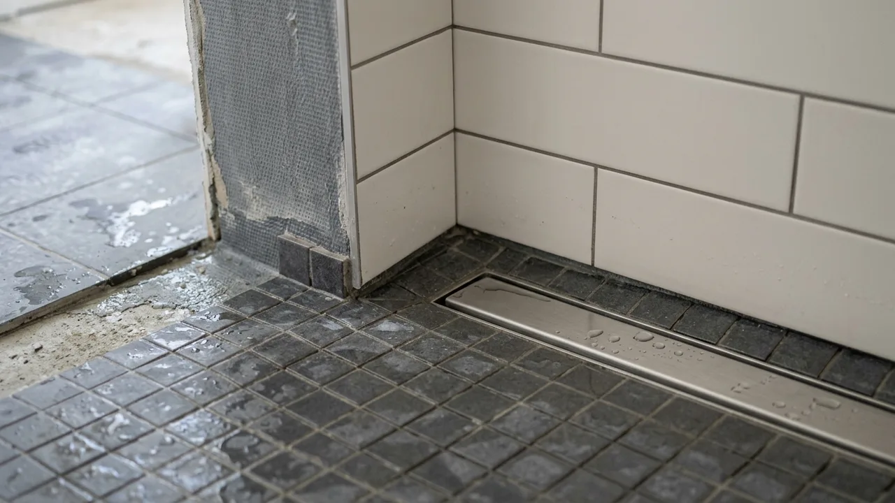 Bathroom tiling and waterproofing detail with drain and floor fall