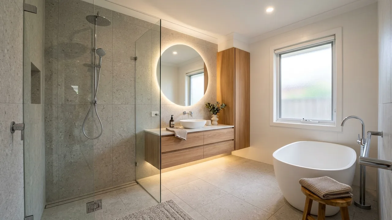 Finished Melbourne bathroom with shower, vanity and tile detail
