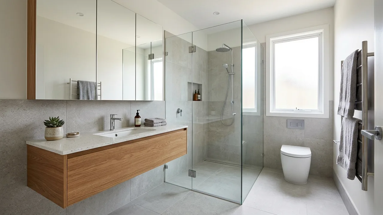 Compact ensuite renovation with floating vanity and glass shower