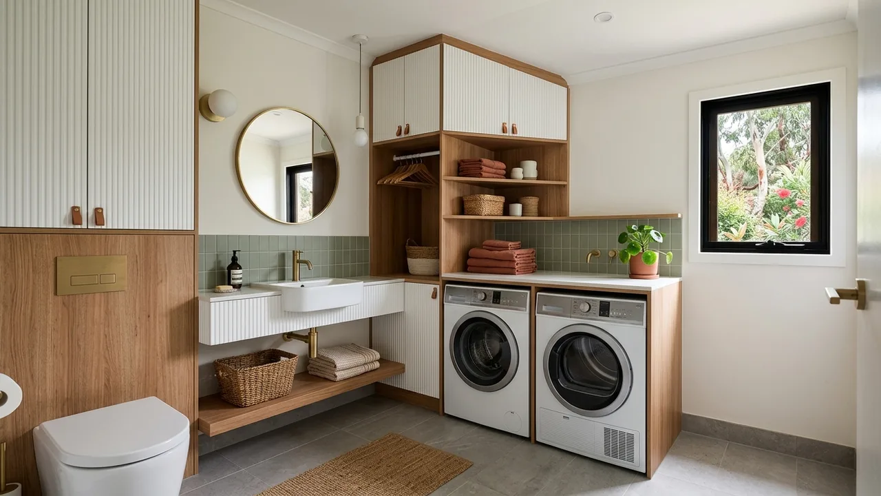 Powder room renovation with joinery and compact fixture layout