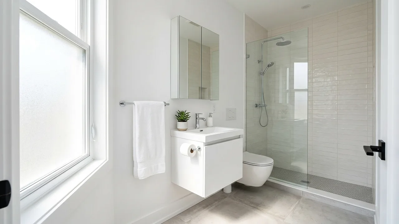 Small bathroom renovation with efficient storage and walk-in shower